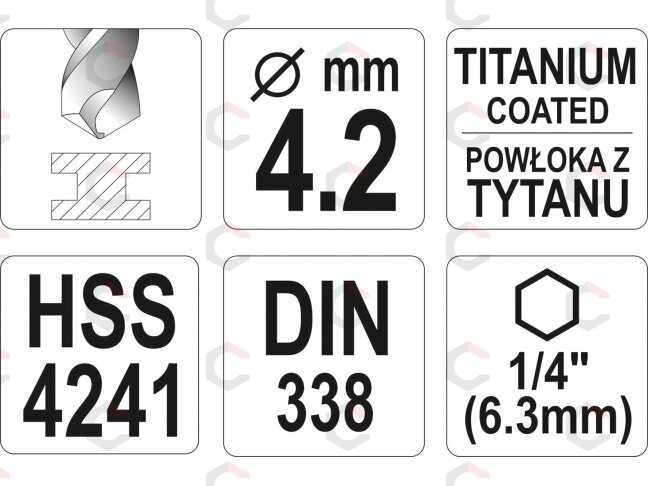 Grąžtas metalui su Hex 6.3 mm (1/4") galu HSS-TiN | 4.2 mm (YT-44758) 3