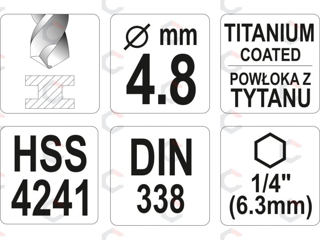 Grąžtas metalui su Hex 6.3 mm (1/4") galu HSS-TiN | 4.8 mm (YT-44760) 3 Grąžtas metalui su Hex 6.3 mm (1/4") galu HSS-TiN | 4.8 mm (YT-44760) 3