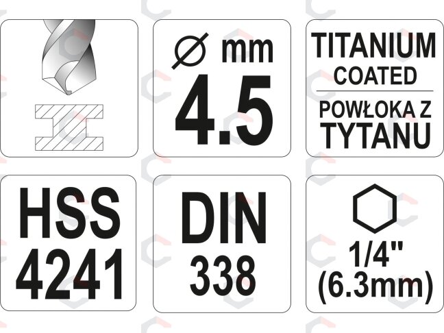 Grąžtas metalui su Hex 6.3 mm (1/4") galu HSS-TiN | 6.5 mm (YT-44765) 3 Grąžtas metalui su Hex 6.3 mm (1/4") galu HSS-TiN | 6.5 mm (YT-44765) 3