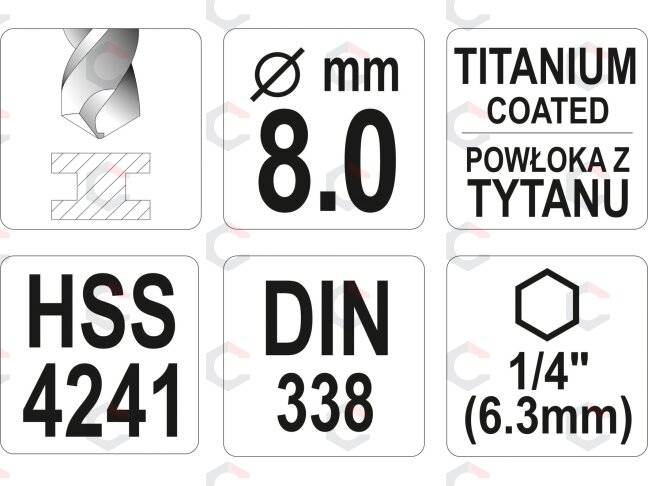 Grąžtas metalui su Hex 6.3 mm (1/4") galu HSS-TiN | 8.0 mm (YT-44768) 3 Grąžtas metalui su Hex 6.3 mm (1/4") galu HSS-TiN | 8.0 mm (YT-44768) 3