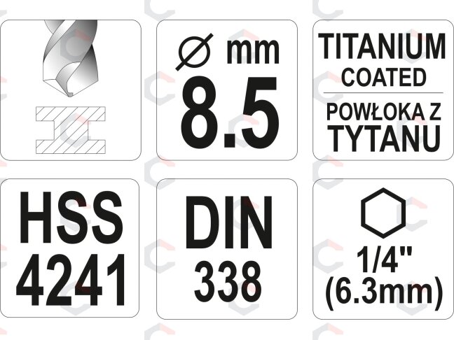 Grąžtas metalui su Hex 6.3 mm (1/4") galu HSS-TiN | 8.5 mm (YT-44769) 3 Grąžtas metalui su Hex 6.3 mm (1/4") galu HSS-TiN | 8.5 mm (YT-44769) 3