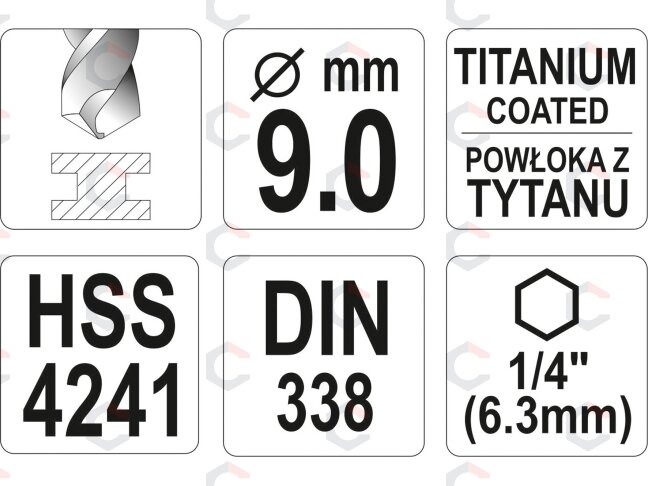 Grąžtas metalui su Hex 6.3 mm (1/4") galu HSS-TiN | 9.0 mm (YT-44770) 2