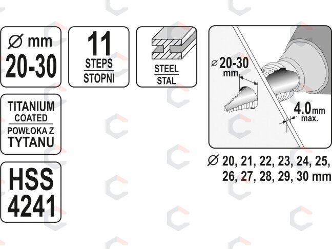 Grąžtas skylės (pa)platinimui pakopinis | 20-30 mm (YT-44747) 3 Grąžtas skylės (pa)platinimui pakopinis | 20-30 mm (YT-44747) 3