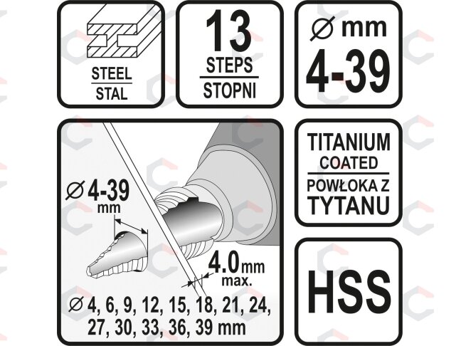 Grąžtas skylės (pa)platinimui pakopinis | 4-39 mm (22613) 4 Grąžtas skylės (pa)platinimui pakopinis | 4-39 mm (22613) 4