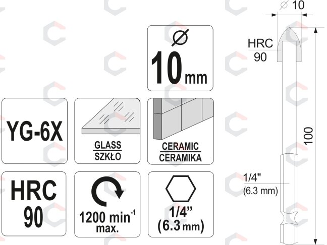 Grąžtas stiklui ir keramikai | 6.3 mm (1/4") galu | 10 mm (21705) 3 Grąžtas stiklui ir keramikai | 6.3 mm (1/4") galu | 10 mm (21705) 3