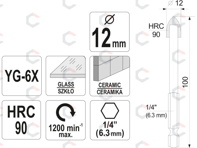 Grąžtas stiklui ir keramikai | 6.3 mm (1/4") galu | 12 mm (21706) 3 Grąžtas stiklui ir keramikai | 6.3 mm (1/4") galu | 12 mm (21706) 3