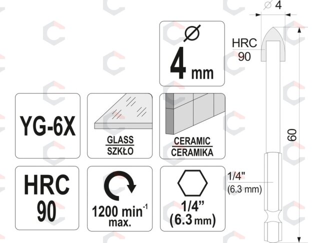 Grąžtas stiklui ir keramikai | 6.3 mm (1/4") galu | 4 mm (21701) 3 Grąžtas stiklui ir keramikai | 6.3 mm (1/4") galu | 4 mm (21701) 3