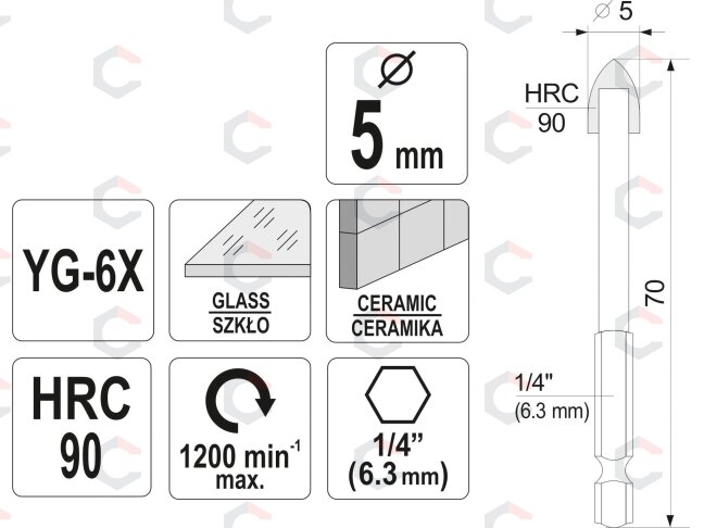 Grąžtas stiklui ir keramikai | 6.3 mm (1/4") galu | 5 mm (21702) 3 Grąžtas stiklui ir keramikai | 6.3 mm (1/4") galu | 5 mm (21702) 3