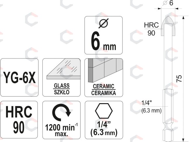Grąžtas stiklui ir keramikai | 6.3 mm (1/4") galu | 6 mm (21703) 3 Grąžtas stiklui ir keramikai | 6.3 mm (1/4") galu | 6 mm (21703) 3