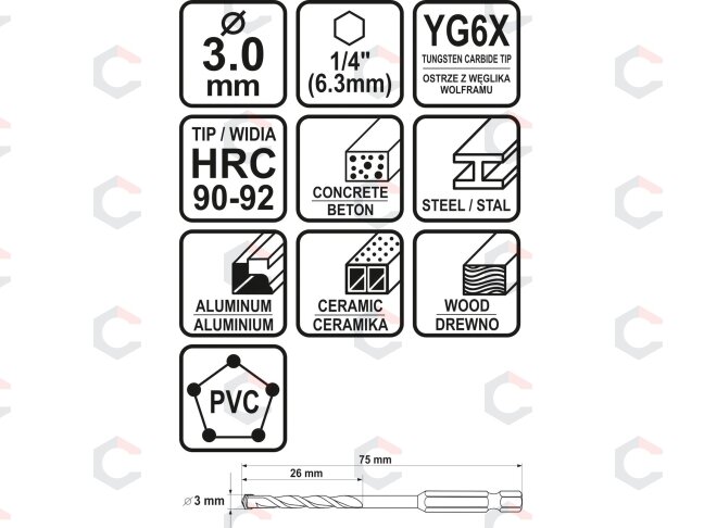 Grąžtas universalus su Hex 6.3 mm (1/4") galu | 3.0 mm (21680) 4 Grąžtas universalus su Hex 6.3 mm (1/4") galu | 3.0 mm (21680) 4