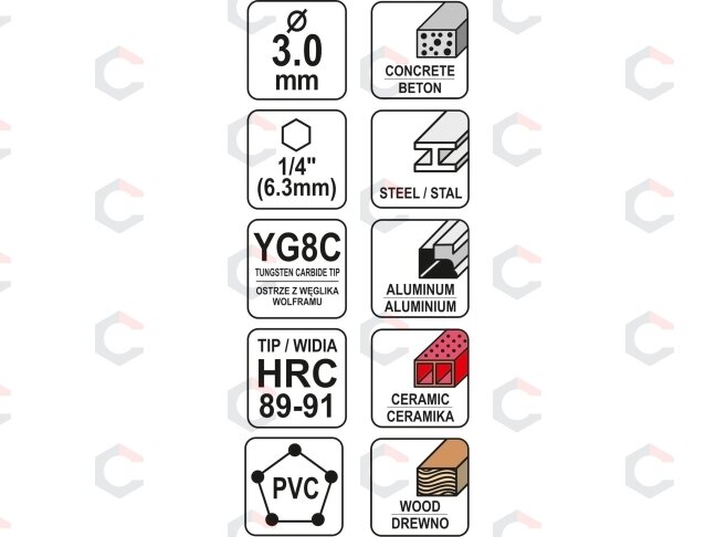 Grąžtas universalus su Hex 6.3 mm (1/4") galu | 3.0 mm (YT-44780) 3 Grąžtas universalus su Hex 6.3 mm (1/4") galu | 3.0 mm (YT-44780) 3