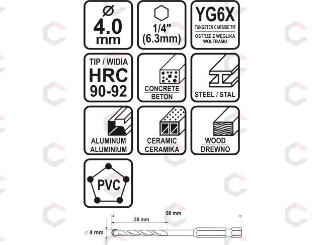 Grąžtas universalus su Hex 6.3 mm (1/4") galu | 4.0 mm (21682) 4 Grąžtas universalus su Hex 6.3 mm (1/4") galu | 4.0 mm (21682) 4