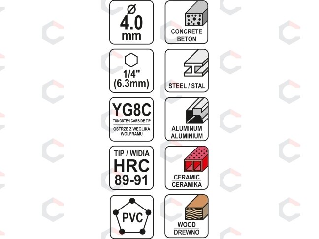Grąžtas universalus su Hex 6.3 mm (1/4") galu | 4.0 mm (YT-44781) 4 Grąžtas universalus su Hex 6.3 mm (1/4") galu | 4.0 mm (YT-44781) 4