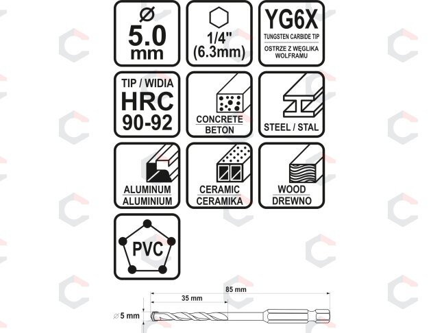 Grąžtas universalus su Hex 6.3 mm (1/4") galu | 5.0 mm (21684) 4 Grąžtas universalus su Hex 6.3 mm (1/4") galu | 5.0 mm (21684) 4