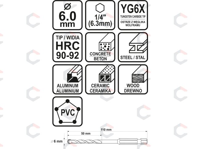 Grąžtas universalus su Hex 6.3 mm (1/4") galu | 6.0 mm (21686) 3 Grąžtas universalus su Hex 6.3 mm (1/4") galu | 6.0 mm (21686) 3