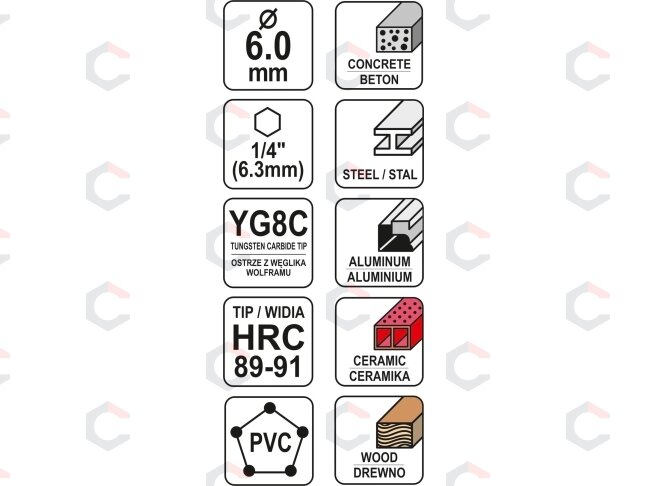 Grąžtas universalus su Hex 6.3 mm (1/4") galu | 6.0 mm (YT-44783) 4