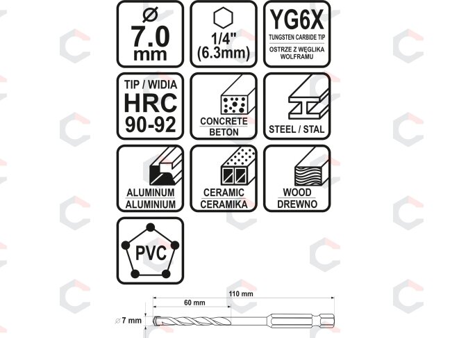 Grąžtas universalus su Hex 6.3 mm (1/4") galu | 7.0 mm (21688) 3 Grąžtas universalus su Hex 6.3 mm (1/4") galu | 7.0 mm (21688) 3