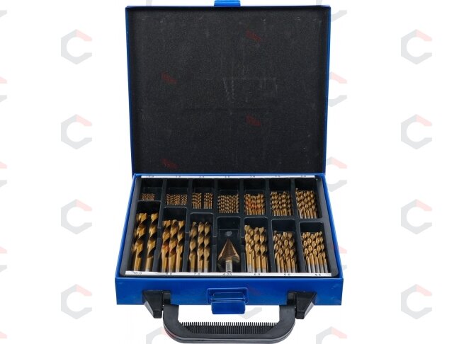 Grąžtų ir pakopinės frezos rinkinys | HSS | titano nitridas | 1 - 10 mm | 119 vnt. (2009) Grąžtų ir pakopinės frezos rinkinys | HSS | titano nitridas | 1 - 10 mm | 119 vnt. (2009)