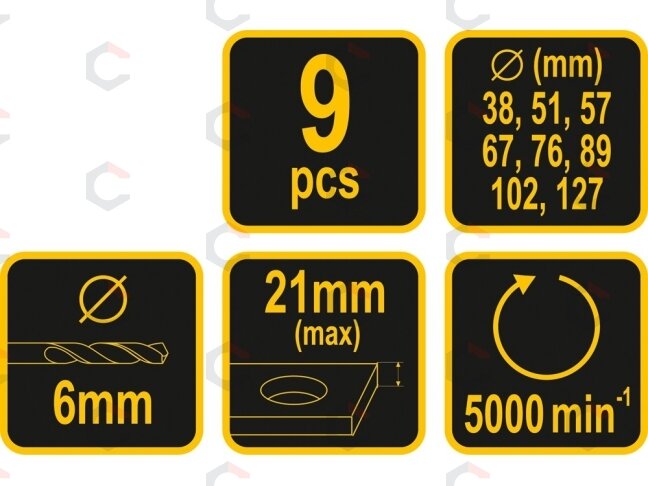 Grąžtų karūnų rinkinys medžiui | 38-127 mm | 9 vnt (22572) 4