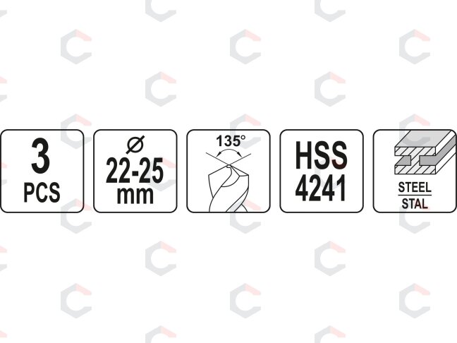 Grąžtų metalui rinkinys | 22 - 24 - 25 mm | 3 vnt. (YT-44626) 3 Grąžtų metalui rinkinys | 22 - 24 - 25 mm | 3 vnt. (YT-44626) 3