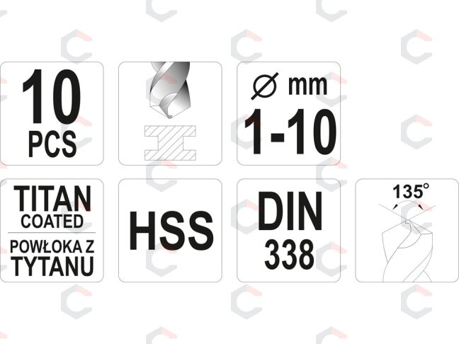Grąžtų rinkinys | HSS-Titan | 1 - 10 mm | 10 vnt. (YT-44674) 2 Grąžtų rinkinys | HSS-Titan | 1 - 10 mm | 10 vnt. (YT-44674) 2