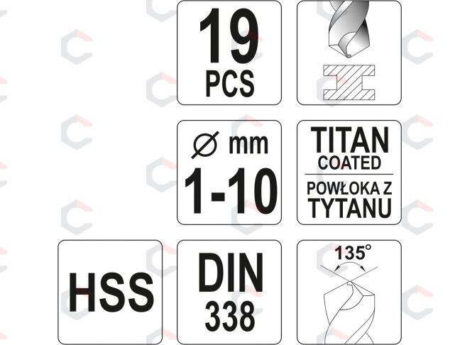 Grąžtų rinkinys | HSS-Titan | 1 - 10 mm | 19 vnt. (YT-44675) 2 Grąžtų rinkinys | HSS-Titan | 1 - 10 mm | 19 vnt. (YT-44675) 2