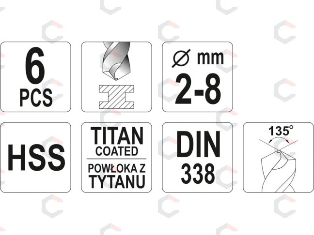 Grąžtų rinkinys | HSS-Titan | 2 - 8 mm | 6 vnt. (YT-44673) 2