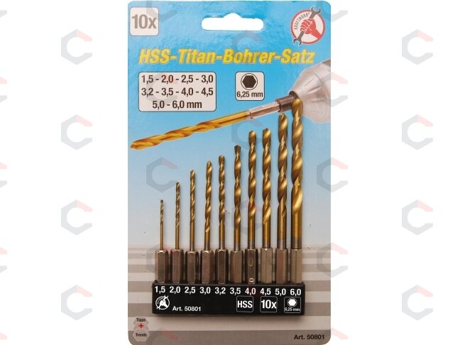 Grąžtų rinkinys su Hex 6.3 mm (1/4") galu | titano nitridas | 1.5 - 6 mm | 10 vnt. (50801) Grąžtų rinkinys su Hex 6.3 mm (1/4") galu | titano nitridas | 1.5 - 6 mm | 10 vnt. (50801)