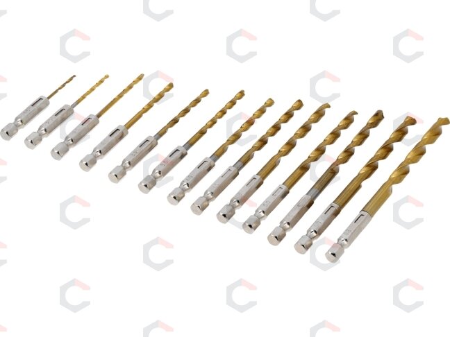 Spiralinių grąžtų rinkinys HSS su šešiakampiu kotu, 1,5–6,5 mm, 13 vnt. (21655) Spiralinių grąžtų rinkinys HSS su šešiakampiu kotu, 1,5–6,5 mm, 13 vnt. (21655)