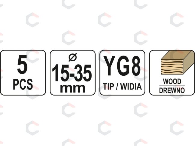 Grąžtų/frezų medžiui rinkinys | 15-35 mm | 5 vnt. (YT-33015) 4 Grąžtų/frezų medžiui rinkinys | 15-35 mm | 5 vnt. (YT-33015) 4