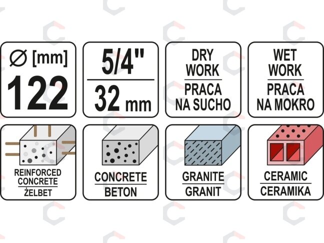 Gręžimo karūna | sausam ir šlapiam gręžimui | antgalis 1 1/4" | 430/122 mm (YT-60377) 3 Gręžimo karūna | sausam ir šlapiam gręžimui | antgalis 1 1/4" | 430/122 mm (YT-60377) 3