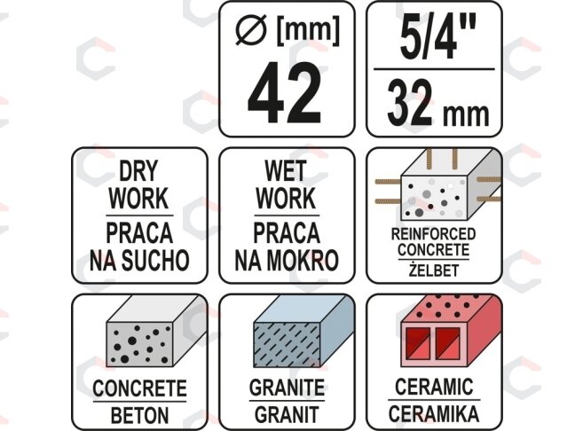 Gręžimo karūna | sausam ir šlapiam gręžimui | antgalis 1 1/4" | 430/42 mm (YT-60372) 2 Gręžimo karūna | sausam ir šlapiam gręžimui | antgalis 1 1/4" | 430/42 mm (YT-60372) 2