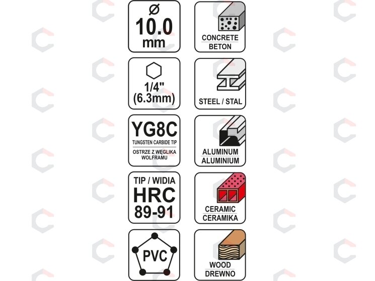 Grąžtas universalus su Hex 6.3 mm (1/4") galu | 10.0 mm (YT-44786) 3