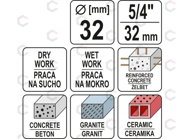 Gręžimo karūna | sausam ir šlapiam gręžimui | antgalis 1 1/4" | 430/32 mm (YT-60371) 2 Gręžimo karūna | sausam ir šlapiam gręžimui | antgalis 1 1/4" | 430/32 mm (YT-60371) 2