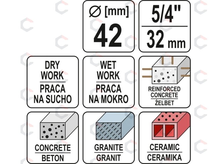 Gręžimo karūna | sausam ir šlapiam gręžimui | antgalis 1 1/4" | 430/42 mm (YT-60372) 2 Gręžimo karūna | sausam ir šlapiam gręžimui | antgalis 1 1/4" | 430/42 mm (YT-60372) 2