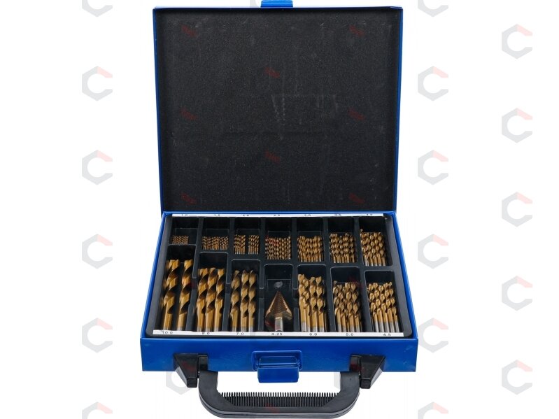 Grąžtų ir pakopinės frezos rinkinys | HSS | titano nitridas | 1 - 10 mm | 119 vnt. (2009) Grąžtų ir pakopinės frezos rinkinys | HSS | titano nitridas | 1 - 10 mm | 119 vnt. (2009)