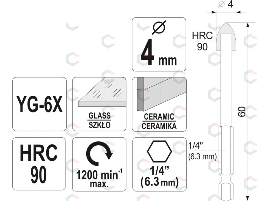 Grąžtas stiklui ir keramikai | 6.3 mm (1/4") galu | 4 mm (21701) 3 Grąžtas stiklui ir keramikai | 6.3 mm (1/4") galu | 4 mm (21701) 3