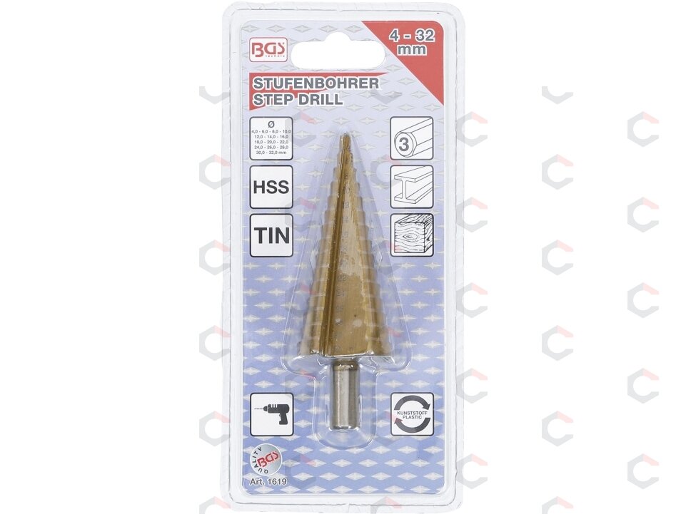 Grąžtas skylės (pa)platinimui pakopinis | Titano nitridas | Ø 4 - 32 mm (1619) 2 Grąžtas skylės (pa)platinimui pakopinis | Titano nitridas | Ø 4 - 32 mm (1619) 2