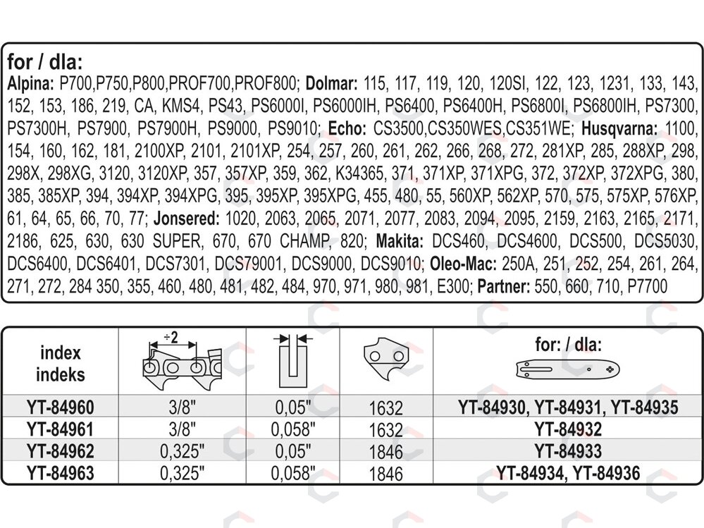 Grandinė benzininiam pjūklui su būgnu 3/8" 1,5mm (0,058") 1632L (YT-84961) 6 Grandinė benzininiam pjūklui su būgnu 3/8" 1,5mm (0,058") 1632L (YT-84961) 6
