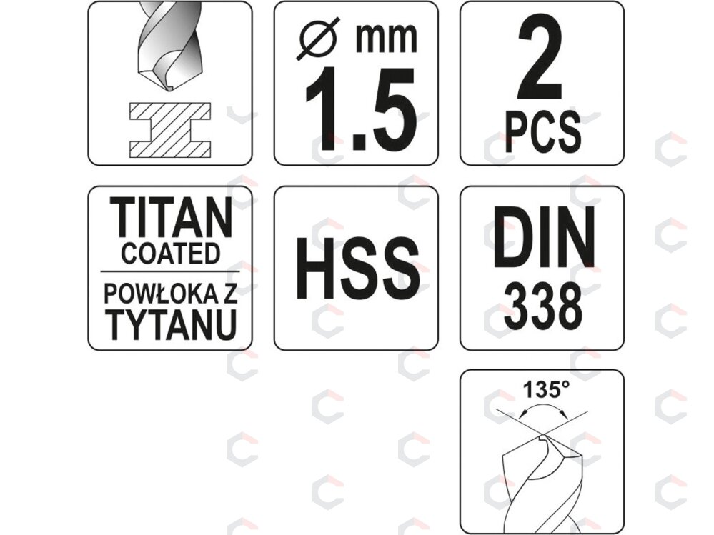 Grąžtas metalui HSS-TIN 1.5 mm, 2vnt. (YT-44631) 1