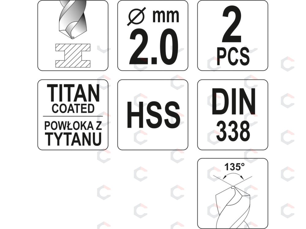 Grąžtas metalui HSS-TIN 2.0 mm, 2vnt. (YT-44632) 1 Grąžtas metalui HSS-TIN 2.0 mm, 2vnt. (YT-44632) 1