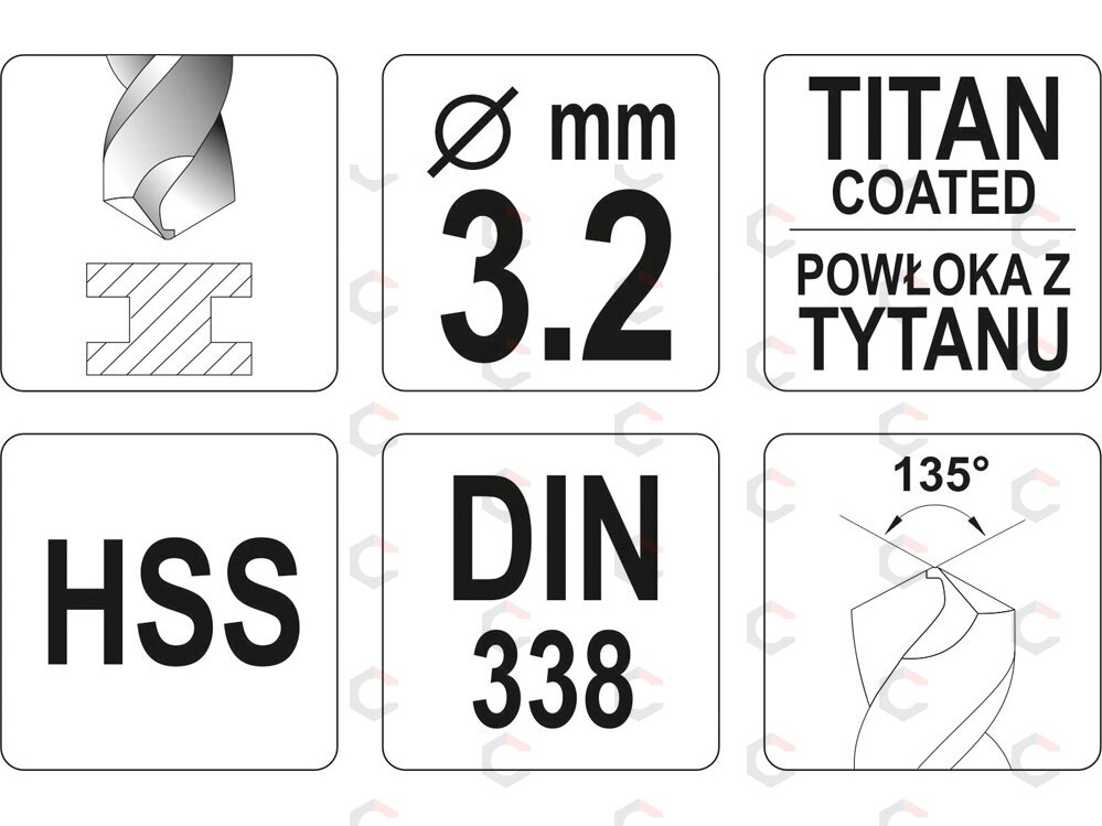 Grąžtas metalui HSS-TIN 3.2 mm (YT-44637) 1 Grąžtas metalui HSS-TIN 3.2 mm (YT-44637) 1