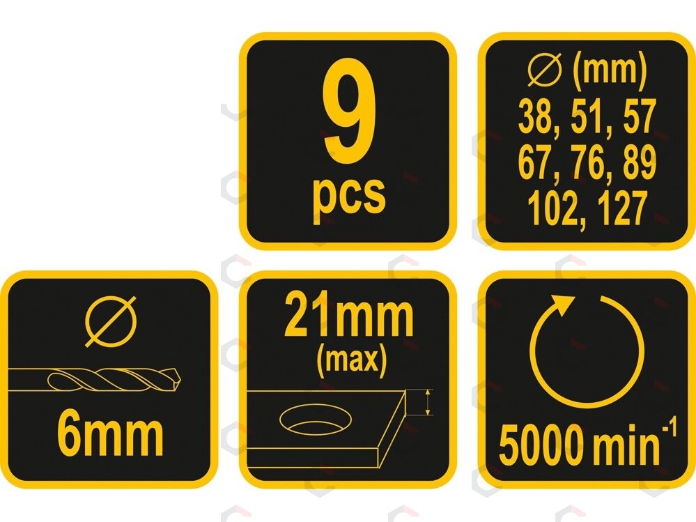 Grąžtų karūnų rinkinys medžiui | 38-127 mm | 9 vnt (22572) 4 Grąžtų karūnų rinkinys medžiui | 38-127 mm | 9 vnt (22572) 4