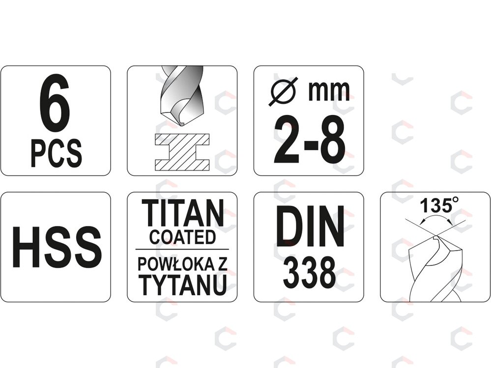 Grąžtų rinkinys | HSS-Titan | 2 - 8 mm | 6 vnt. (YT-44673) 2 Grąžtų rinkinys | HSS-Titan | 2 - 8 mm | 6 vnt. (YT-44673) 2