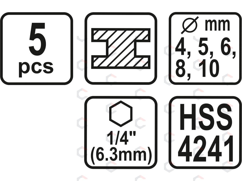 Grąžtų rinkinys su Hex 6.3 mm (1/4") galu | HSS 4241 | 4 - 10 mm | 5 vnt. (21650) 2 Grąžtų rinkinys su Hex 6.3 mm (1/4") galu | HSS 4241 | 4 - 10 mm | 5 vnt. (21650) 2