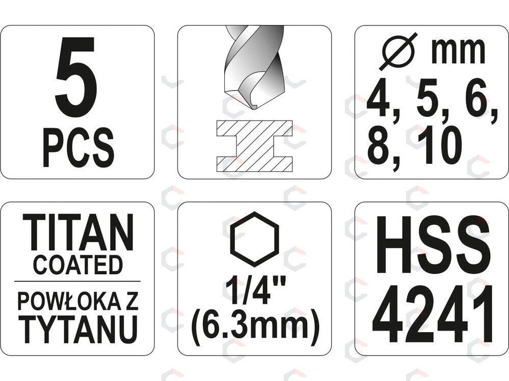 Grąžtų rinkinys su Hex 6.3 mm (1/4") galu | titano nitridas | 4 - 10 mm | 5 vnt. (YT-44700) 2