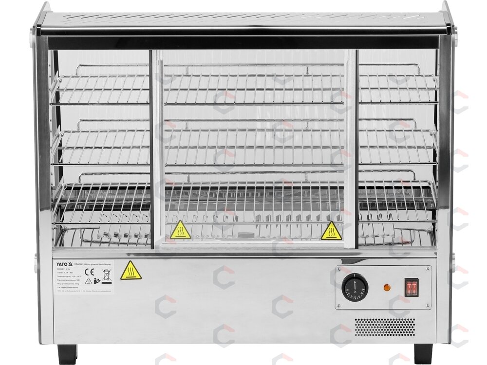 Šildoma vitrina | pastatoma | 120 l | 1100 W | 678 × 568 × 686 mm | 30–90 °C | 3 lentynos | stumdomos durys | nerūdijantis plienas ir stiklas | LED (YG-04980) 4
