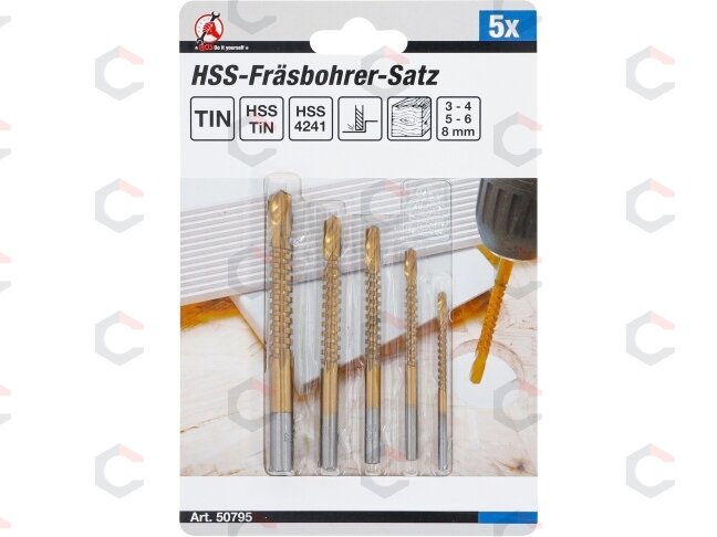HSS frezavimo gręžimo rinkinys | titano danga | 3 - 8 mm | 5 vnt. (50795) 3 HSS frezavimo gręžimo rinkinys | titano danga | 3 - 8 mm | 5 vnt. (50795) 3