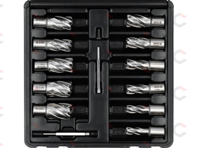 HSS karūninių grąžtų rinkinys magnetinėms gręžimo staklėms 12–27 mm, 13 dalių (YT-43405) 1 HSS karūninių grąžtų rinkinys magnetinėms gręžimo staklėms 12–27 mm, 13 dalių (YT-43405) 1