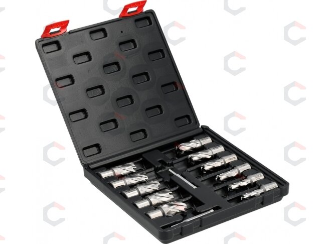 HSS karūninių grąžtų rinkinys magnetinėms gręžimo staklėms 12–27 mm, 13 dalių (YT-43405) HSS karūninių grąžtų rinkinys magnetinėms gręžimo staklėms 12–27 mm, 13 dalių (YT-43405)